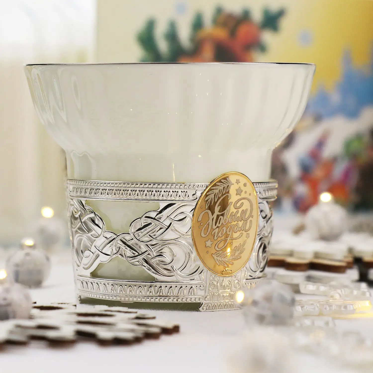 Набор чайный "С Новым Годом" с позолотой: ложка, чашка в футляре (Серебро 925)