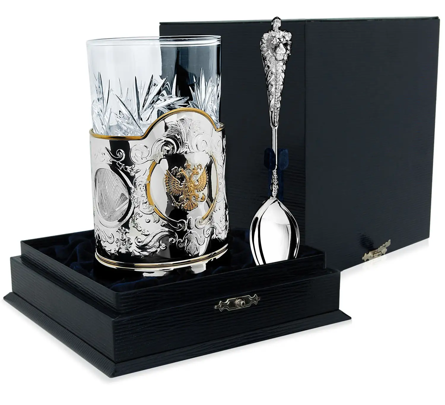 Набор для чая Герб: ложка, стакан, подстаканник с позолотой (Серебро 925) набор для чая гербовый ложка стакан подстаканник с позолотой серебро 925