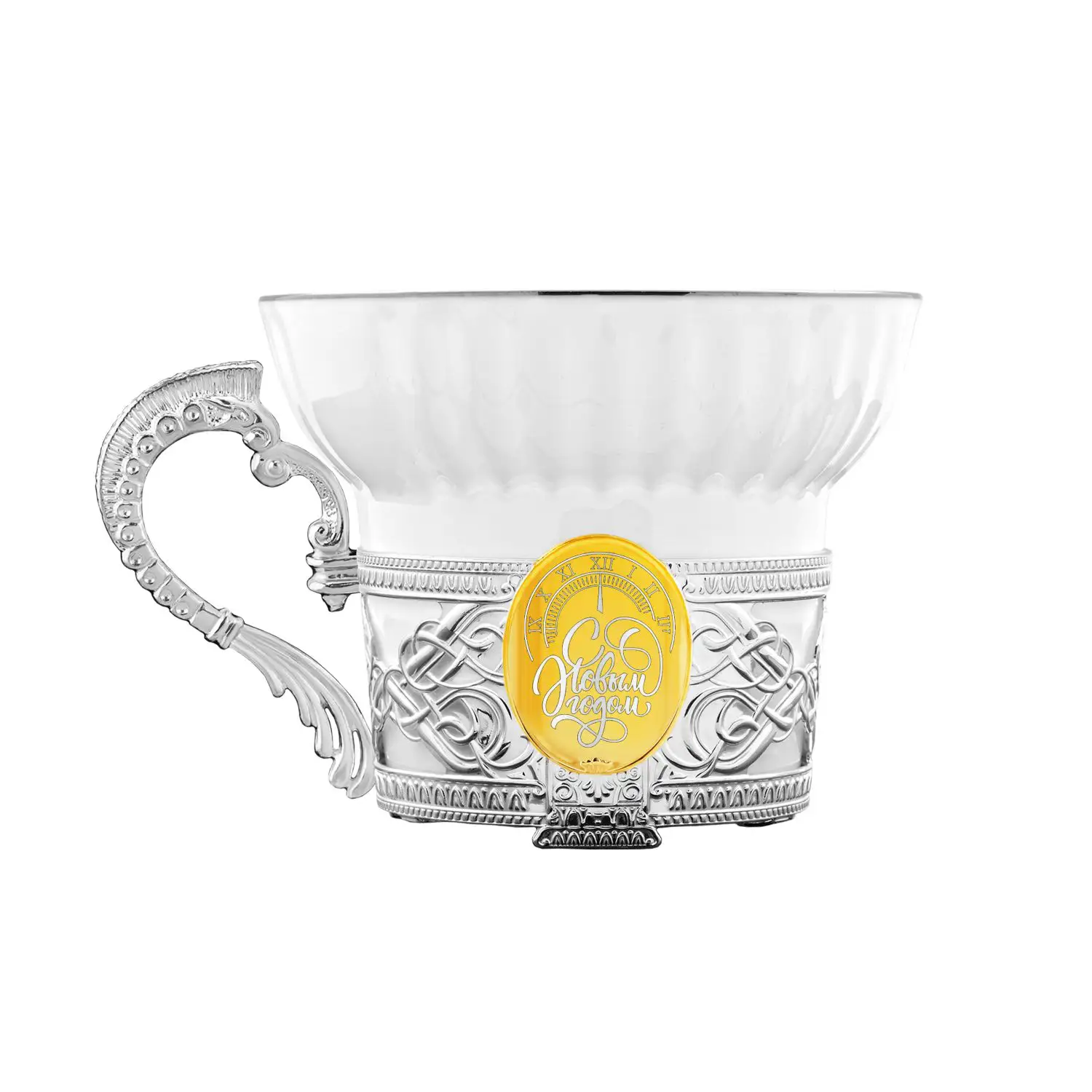 Фото Набор чайный "Куранты" с позолотой: ложка, чашка в футляре (Серебро 925) №3