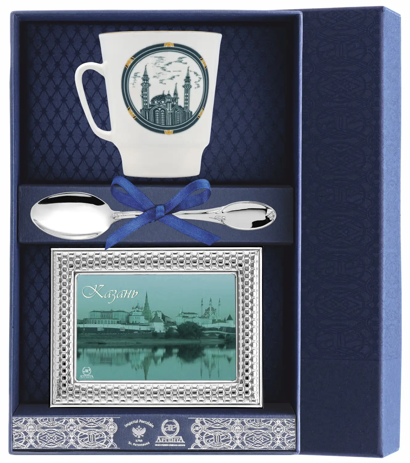 Набор чайный Майская Казань - Кул Шариф: ложка, рамка для фото, чашка (Серебро 925)