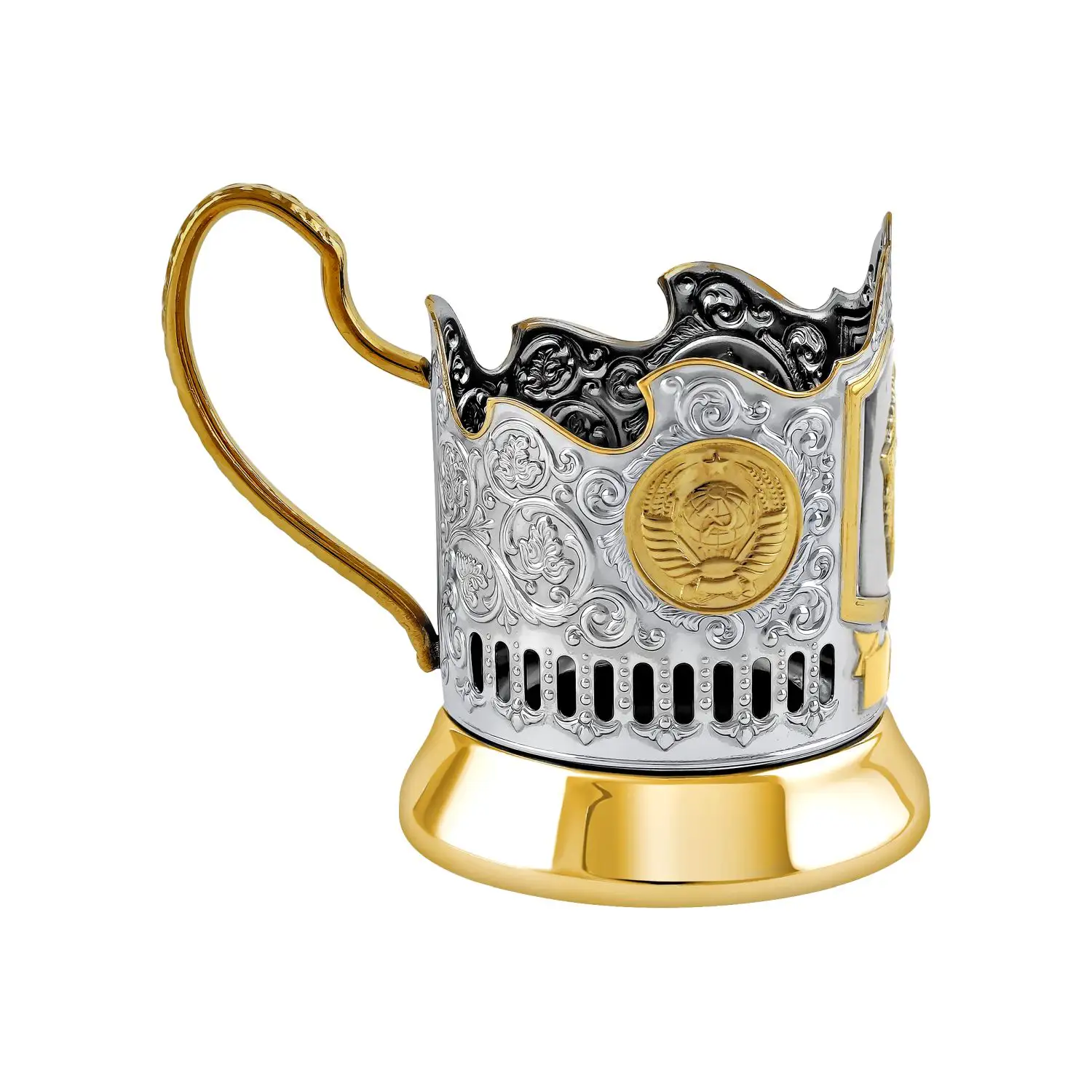 Набор для чая  никелированный с позолотой  "Орден Победы 2 Герба СССР"