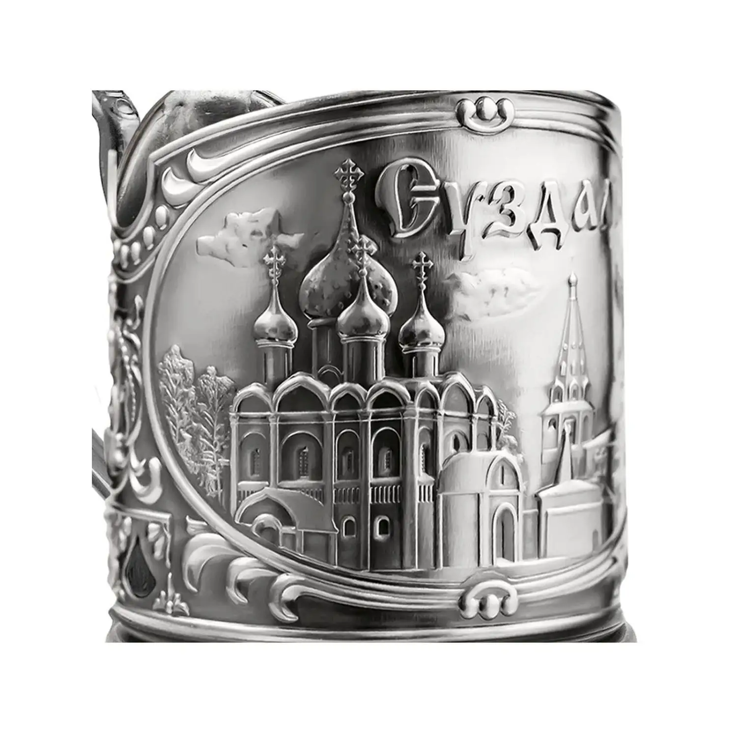 Набор для чая "Суздаль" никелированный с чернением  с открыткой и значком "Владимир Суздаль"