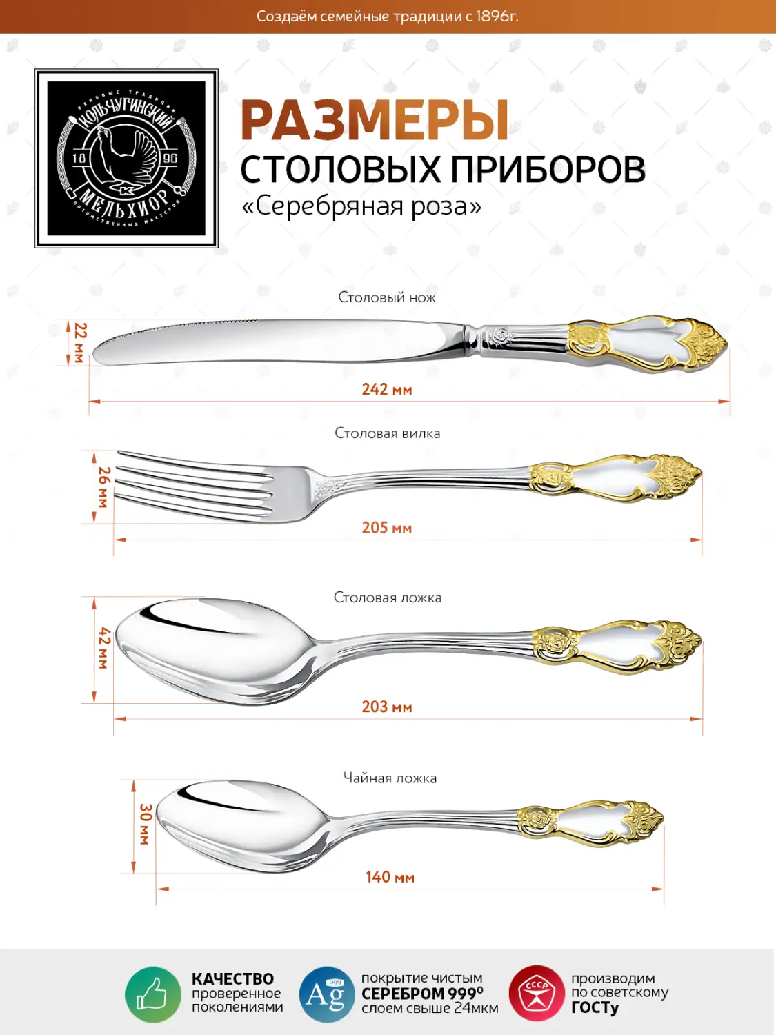Набор столовый "Серебряная Роза": вилка, ложка, нож, чайная ложка посеребренный с позолотой
