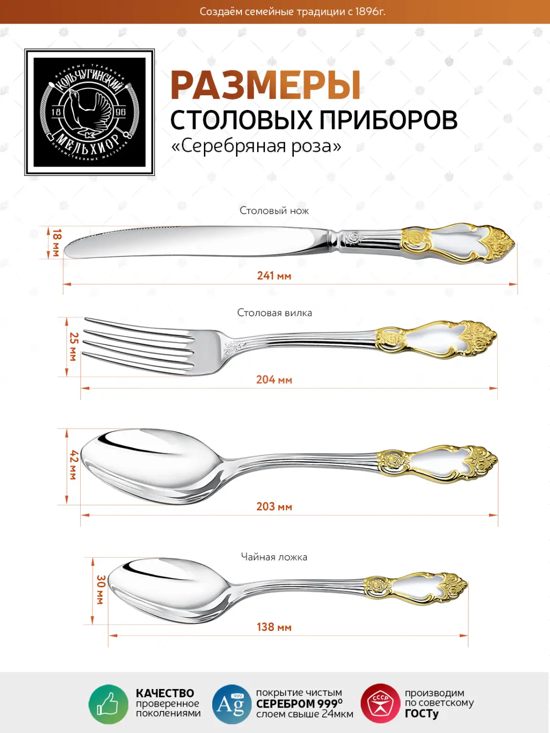 Набор столовый "Серебряная Роза": вилка, ложка, нож, чайная ложка посеребренный с позолотой, на 6 персон
