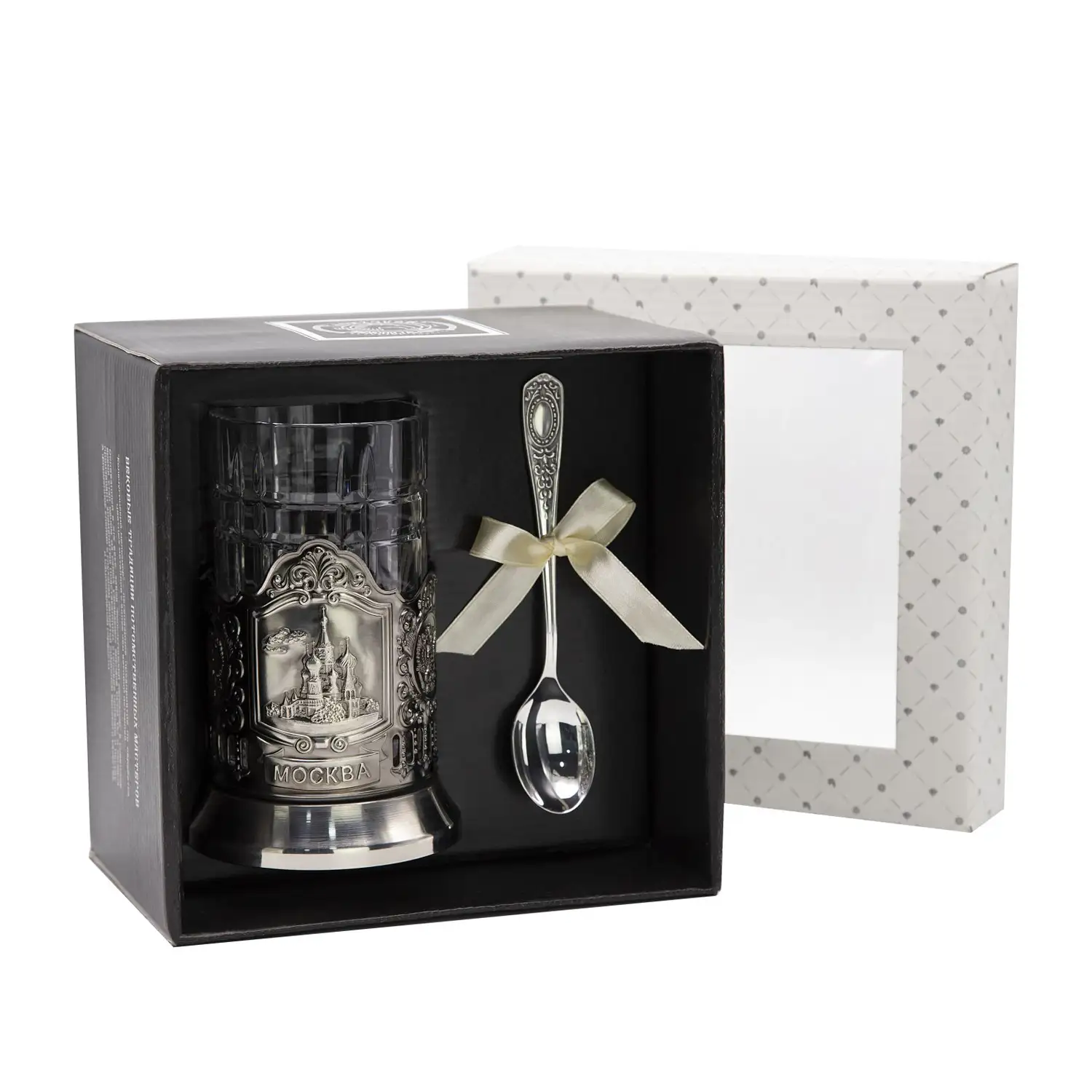 Набор для чая Храм Василия Блаженного: ложка, подстаканник, стакан никелированный с чернением