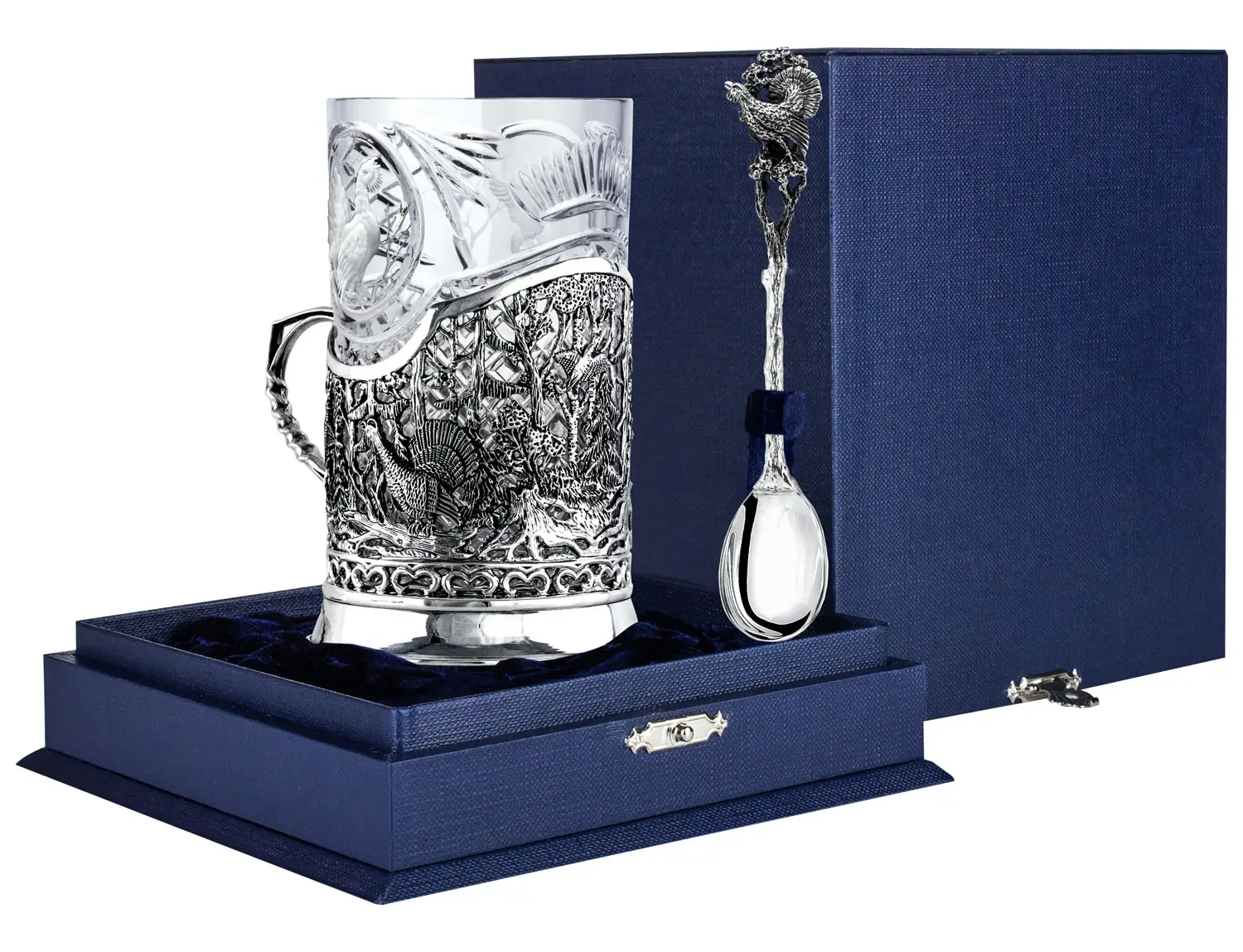 Подстаканник Глухариная охота: ложка, стакан, подстаканник (Серебро 925) подстаканник позолота охота в подарочной коробке