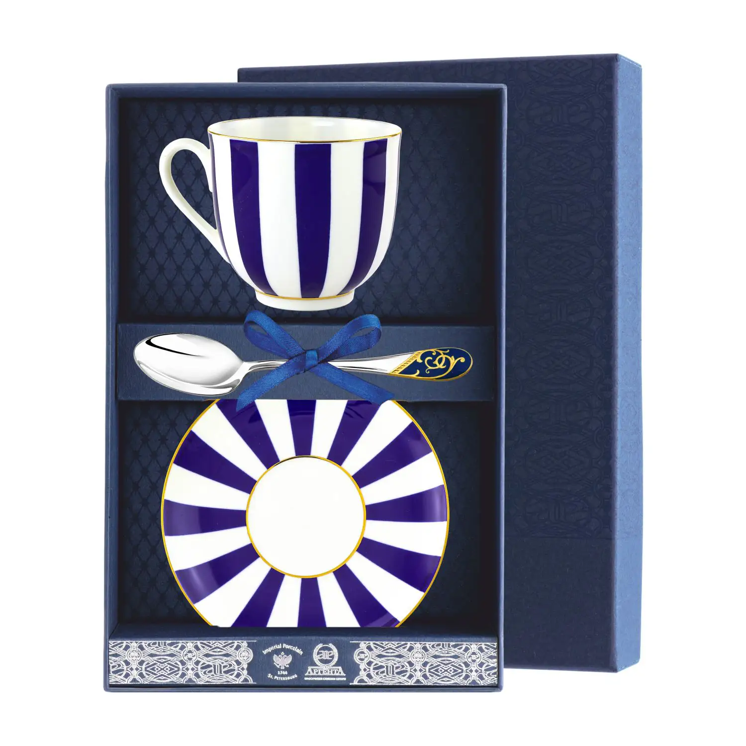 Набор чайный Ландыш - Да и Нет: блюдце, ложка, чашка, фарфор (Серебро 925)