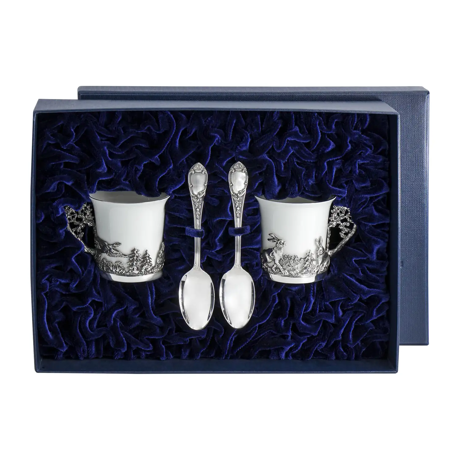 набор чашек кофейных зайцы ложки из серебра 4 предмета Набор кофейных чашек Зайцы: ложка, чашка (Серебро 925)
