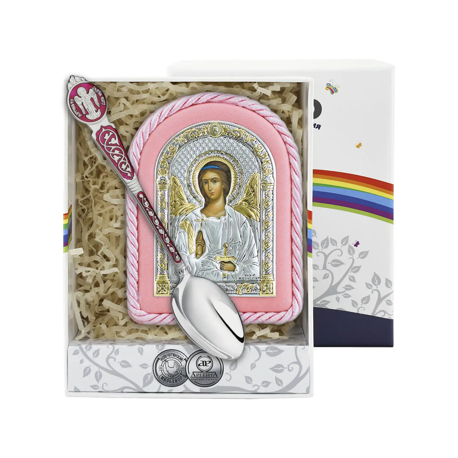 Набор детский Ангел Хранитель (икона розовая, ложка с красной эмалью ) (Серебро 925) набор детский ангел хранитель икона белая ложка с эмалью серебро 925