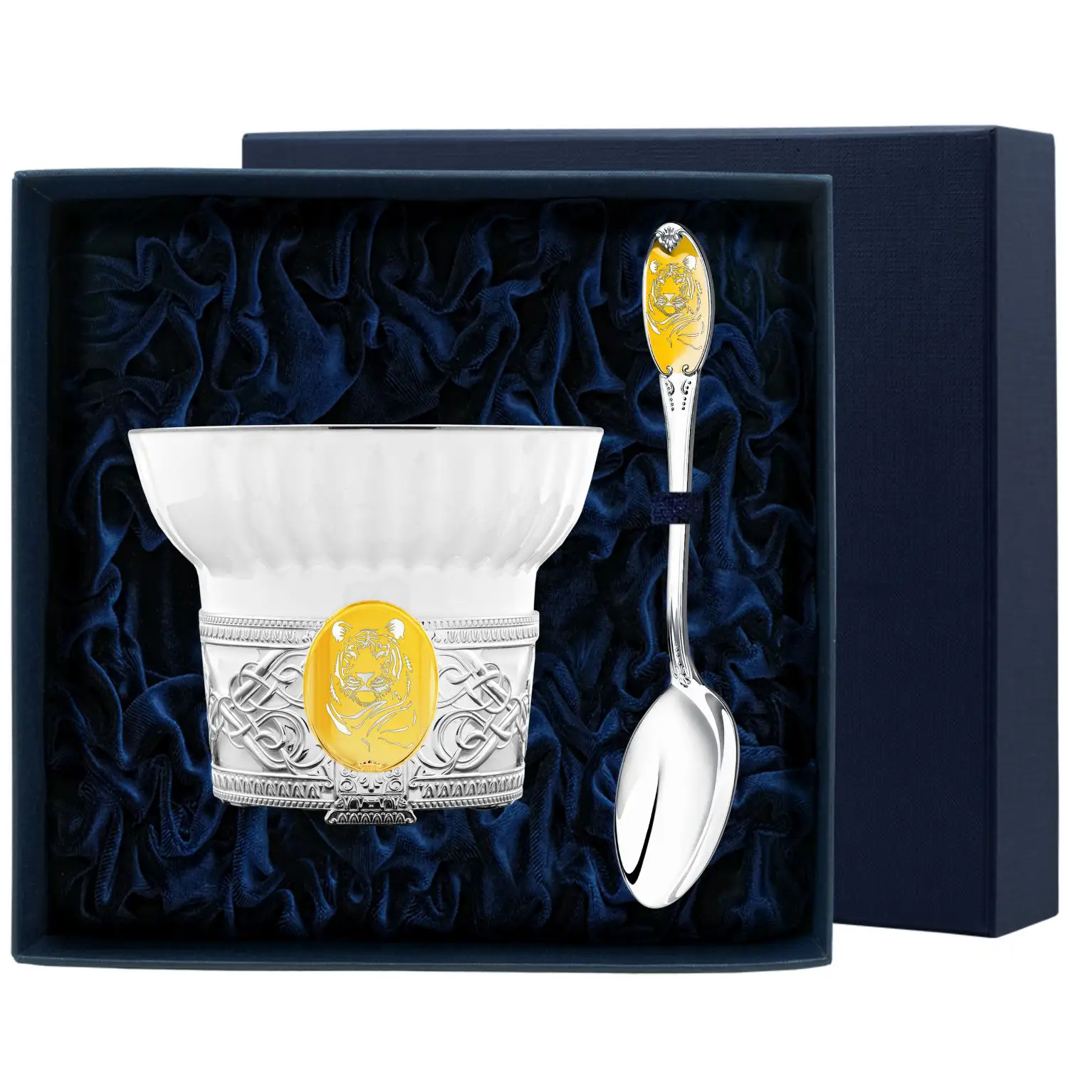 Набор чайный Тигр с позолотой : ложка, чашка(Серебро 925) набор чайный аргента герб чашка серебро с ложкой с футляром
