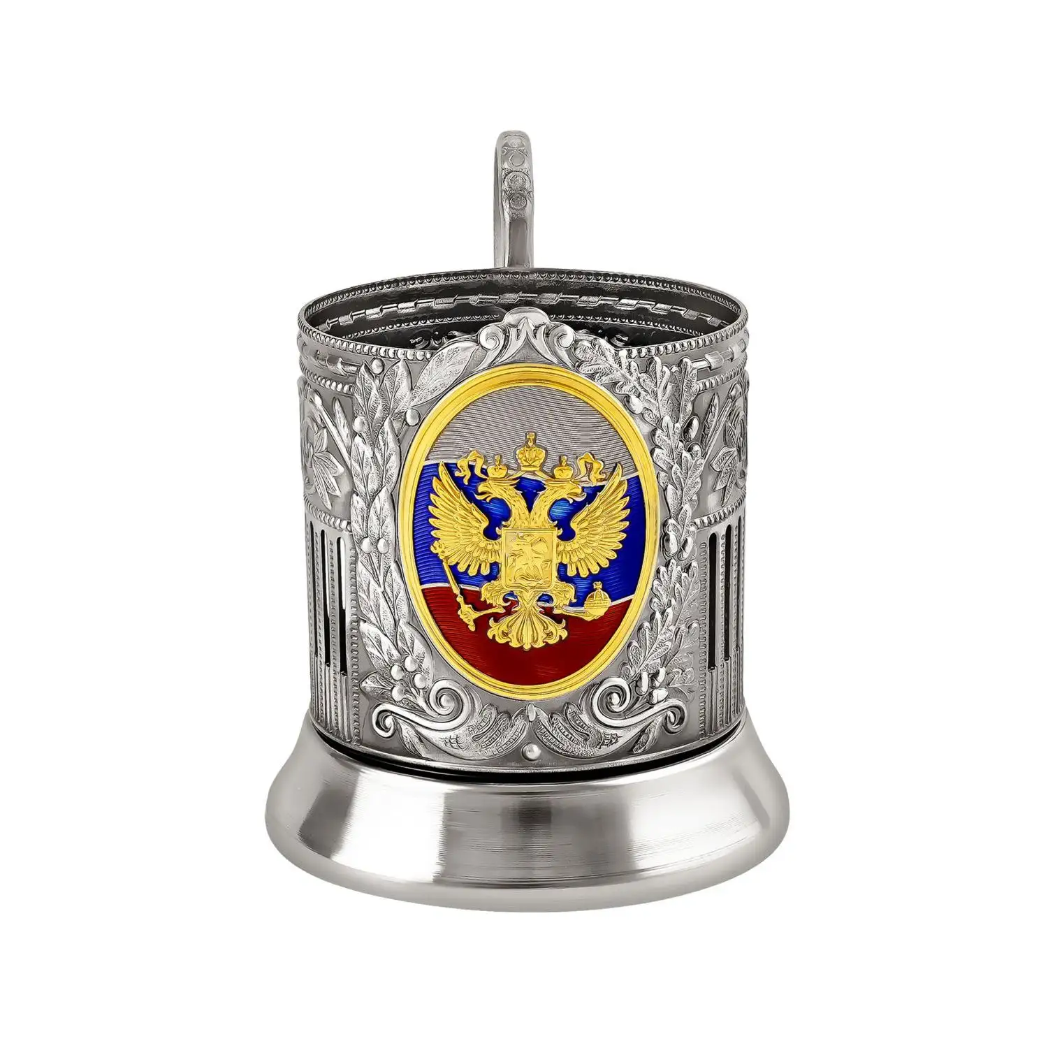 Подстаканник никелированный с позолотой  "Герб РФ Советский Триколор" с эмалью