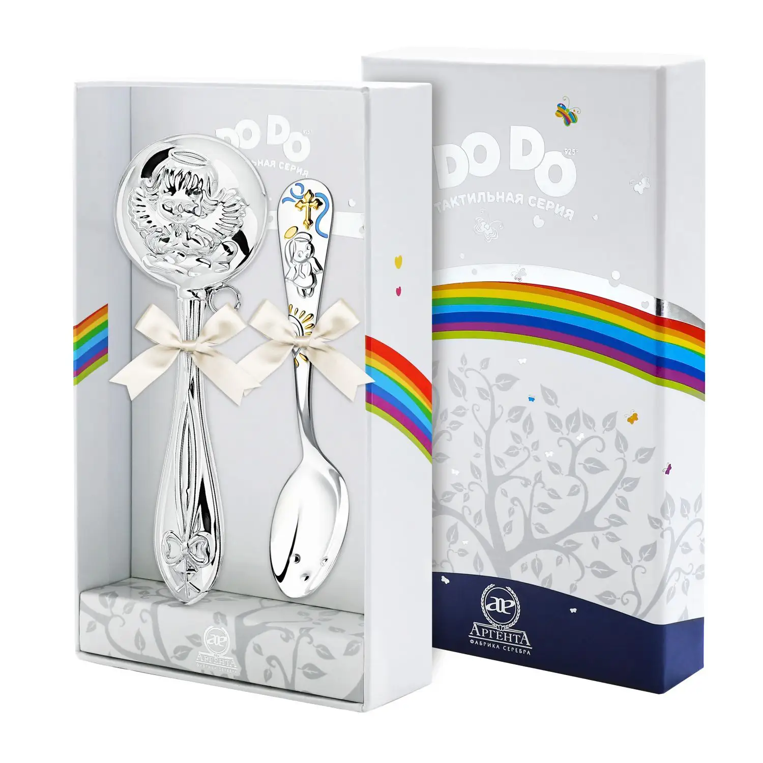 Набор для малышей DODO Ангел: ложка и погремушка, голубой (Серебро 925) набор для малышей dodo ангел погремушка и сувенир пустышка серебро 925