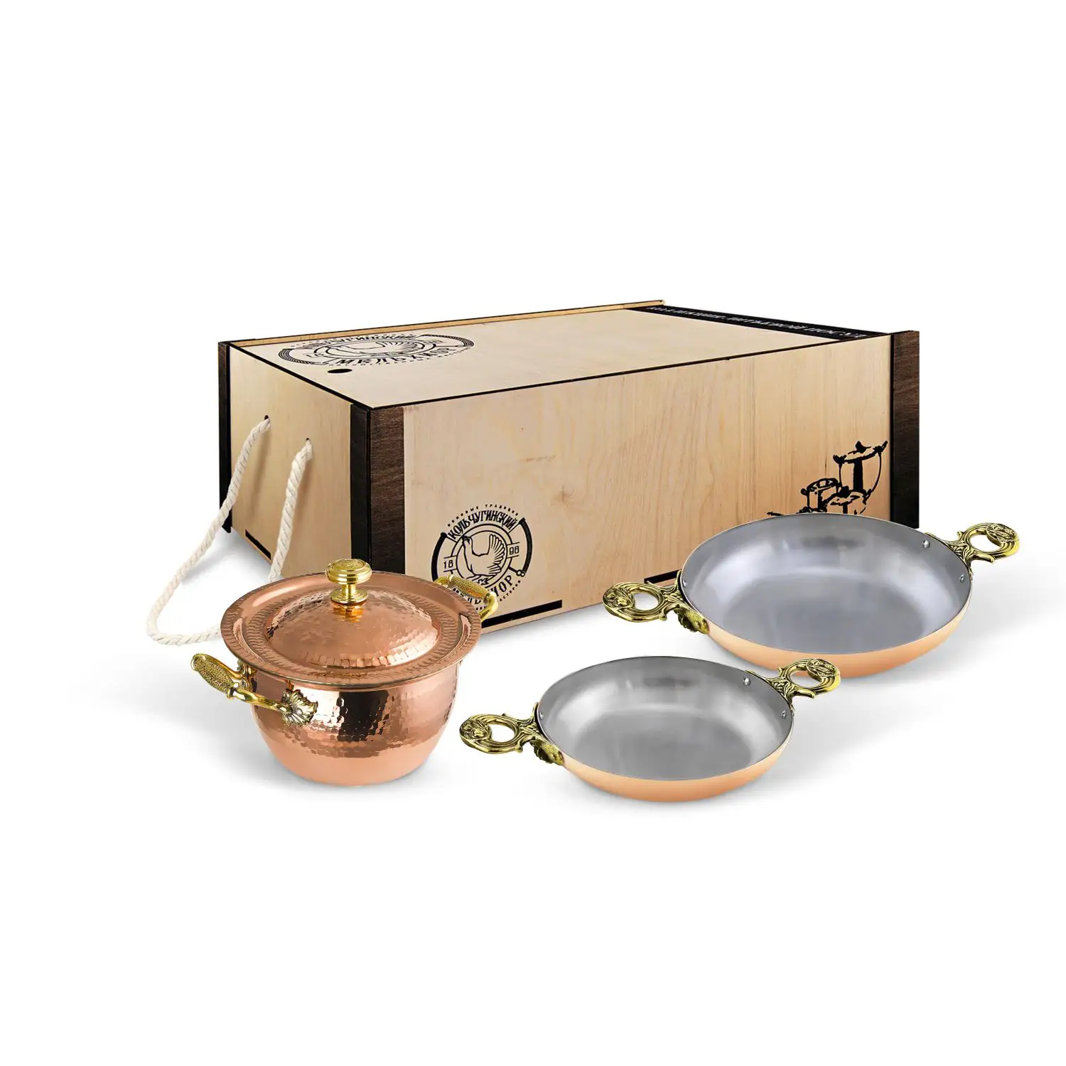Набор медной посуды кованый КМ 3 предмета (кастрюля 2,0 л, сковорода малая, сковорода средняя) в коробе цена и фото