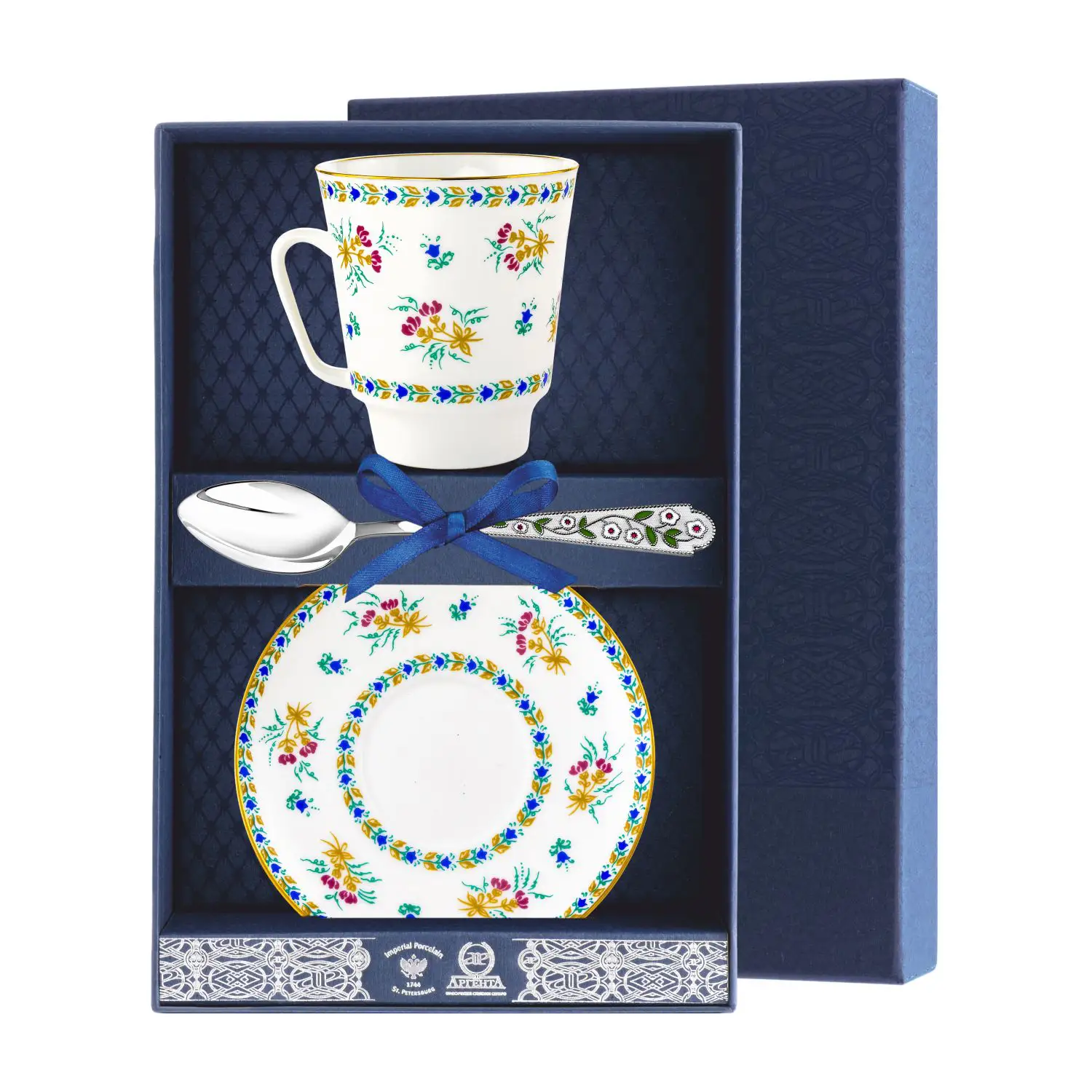 Набор чайный Майская - Голубые колокольчики: блюдце, ложка, чашка , фарфор (Серебро 925)