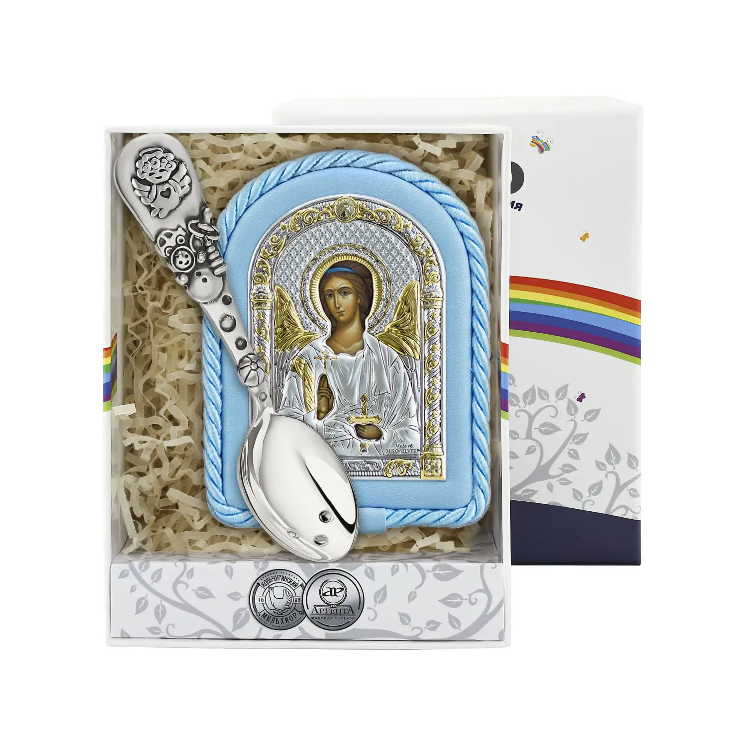 Набор детский Ангел Хранитель посеребренный (икона голубая, ложка Ангел с чернением) цена и фото