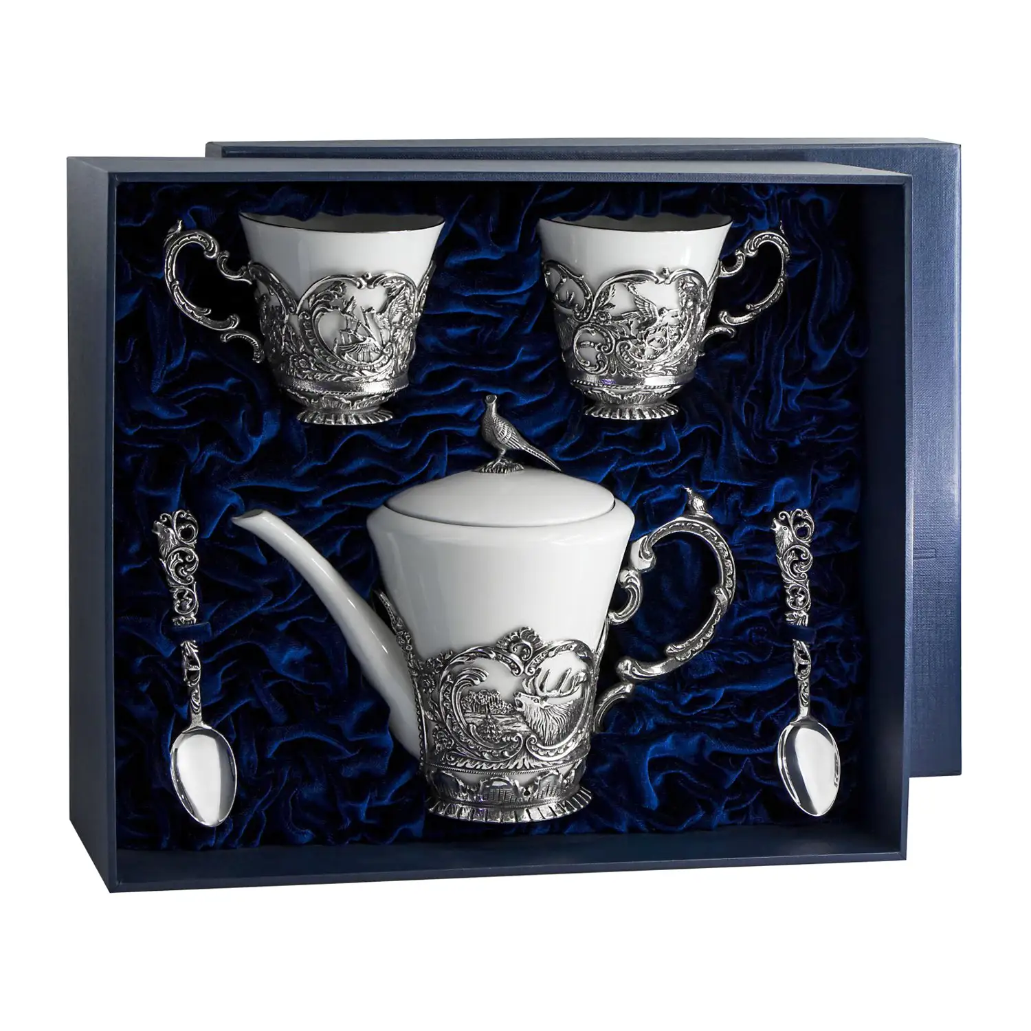 Набор Королевская охота: ложка, чашка, чайник (Серебро 925) набор чайная чашка королевская охота ложка чашка серебро 925