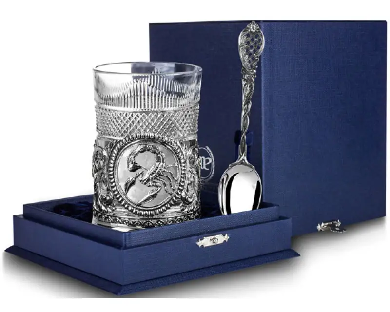 Набор для чая Скорпион: ложка, стакан, подстаканник с чернением (Серебро 925)