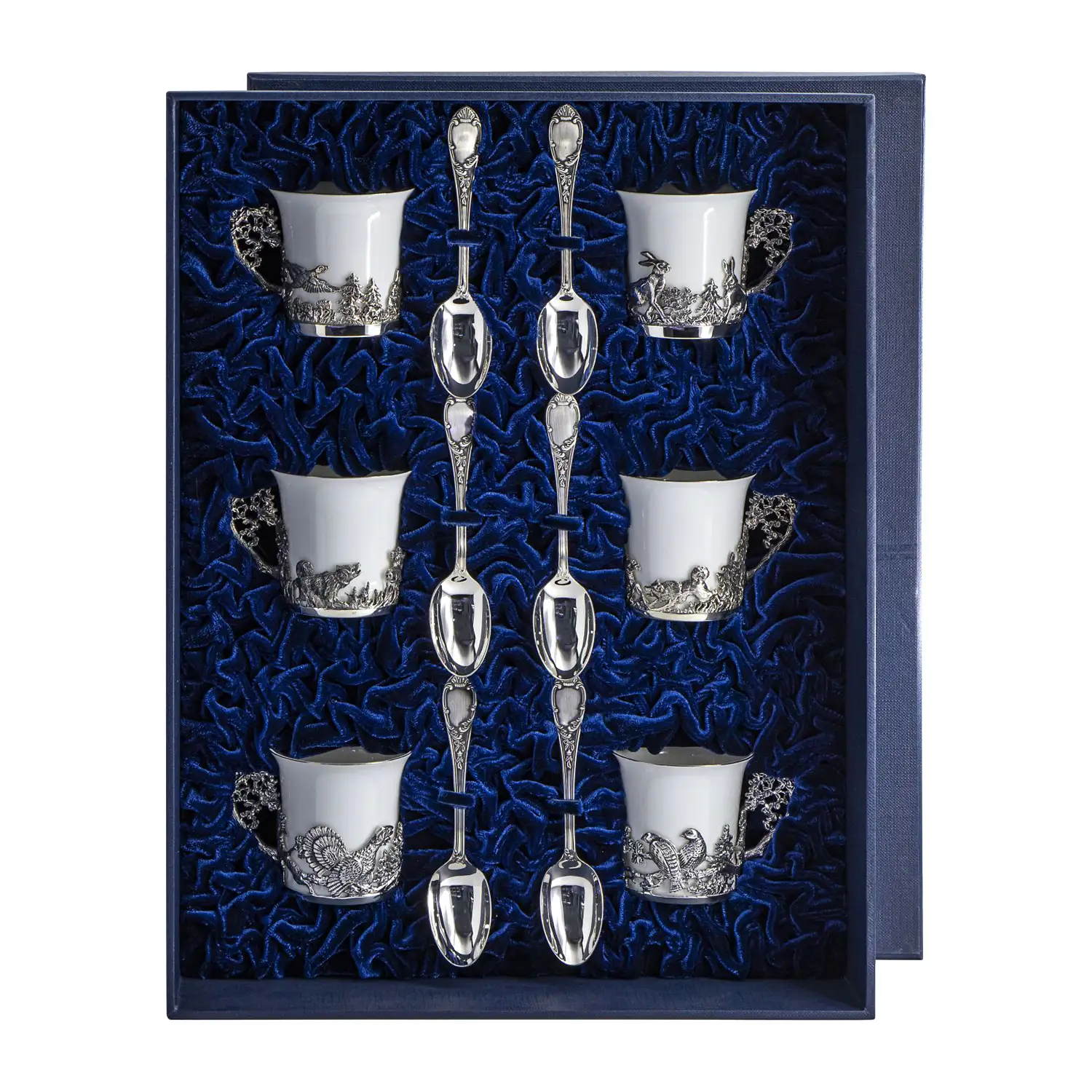 Набор кофейных чашек Охотничьи: ложка, чашка (Серебро 925)