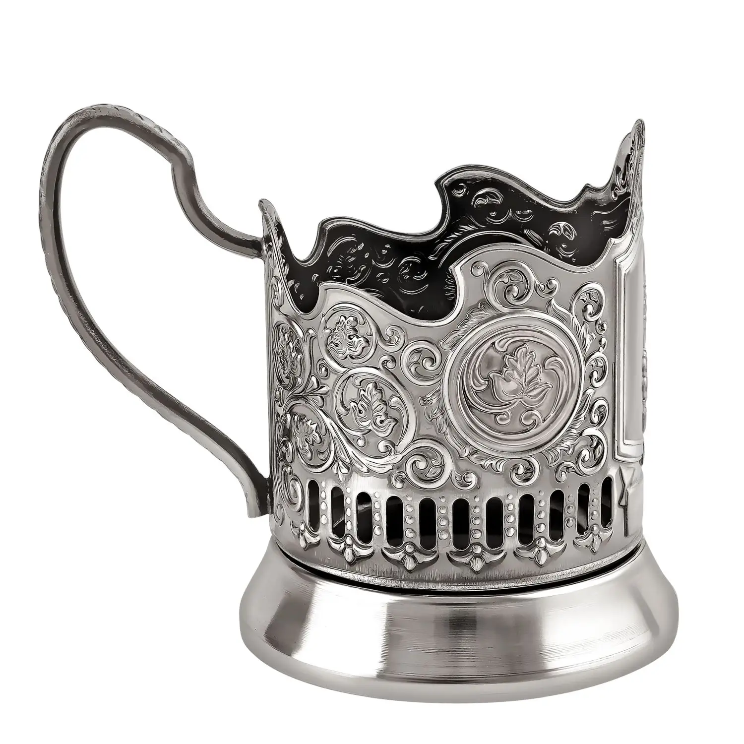 Подстаканник  никелированный  с чернением  "Родина-Мать 80 лет Победы с виногр листьями"