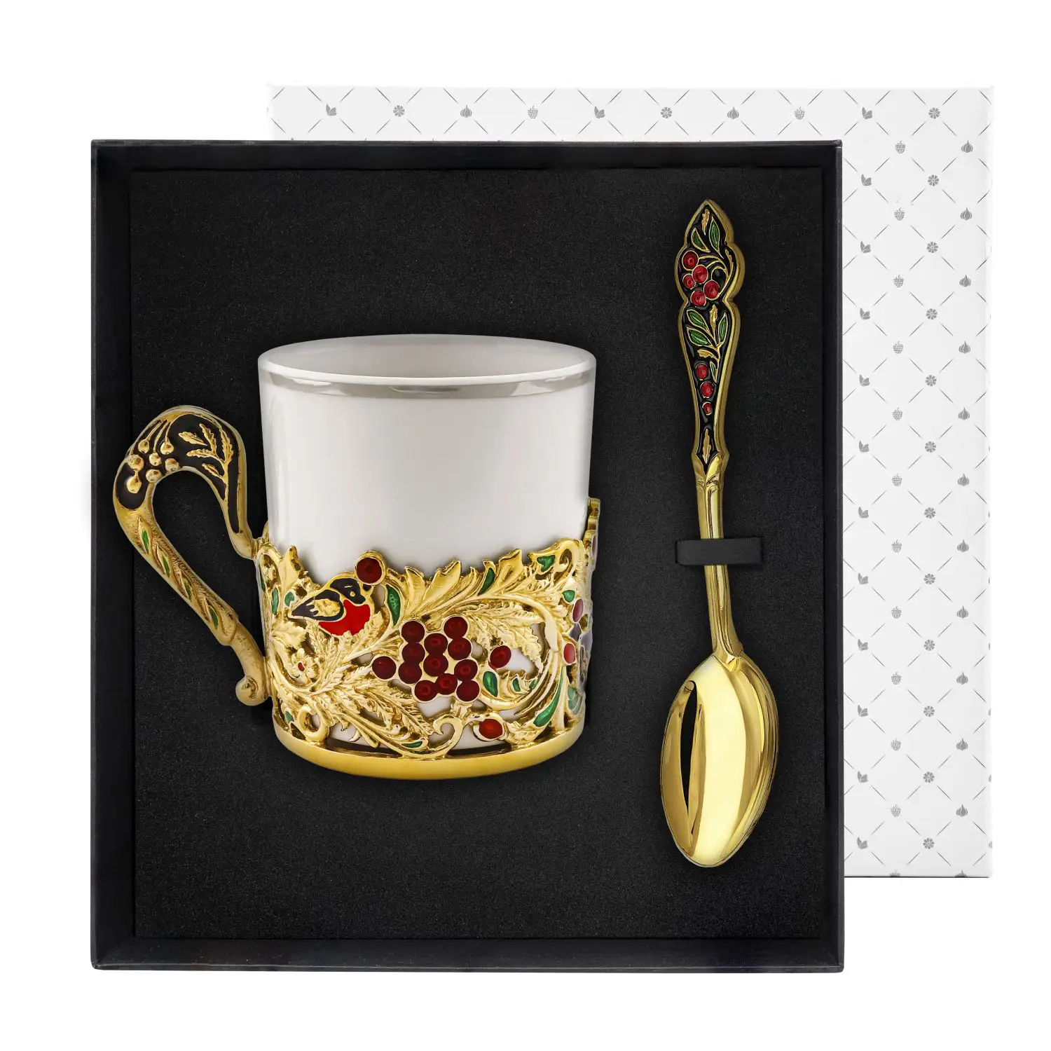 Набор чайная чашка Рябина: ложка, чашка с позолотой и с эмалью ложка чайная лебедь посеренная с позолотой и эмалью
