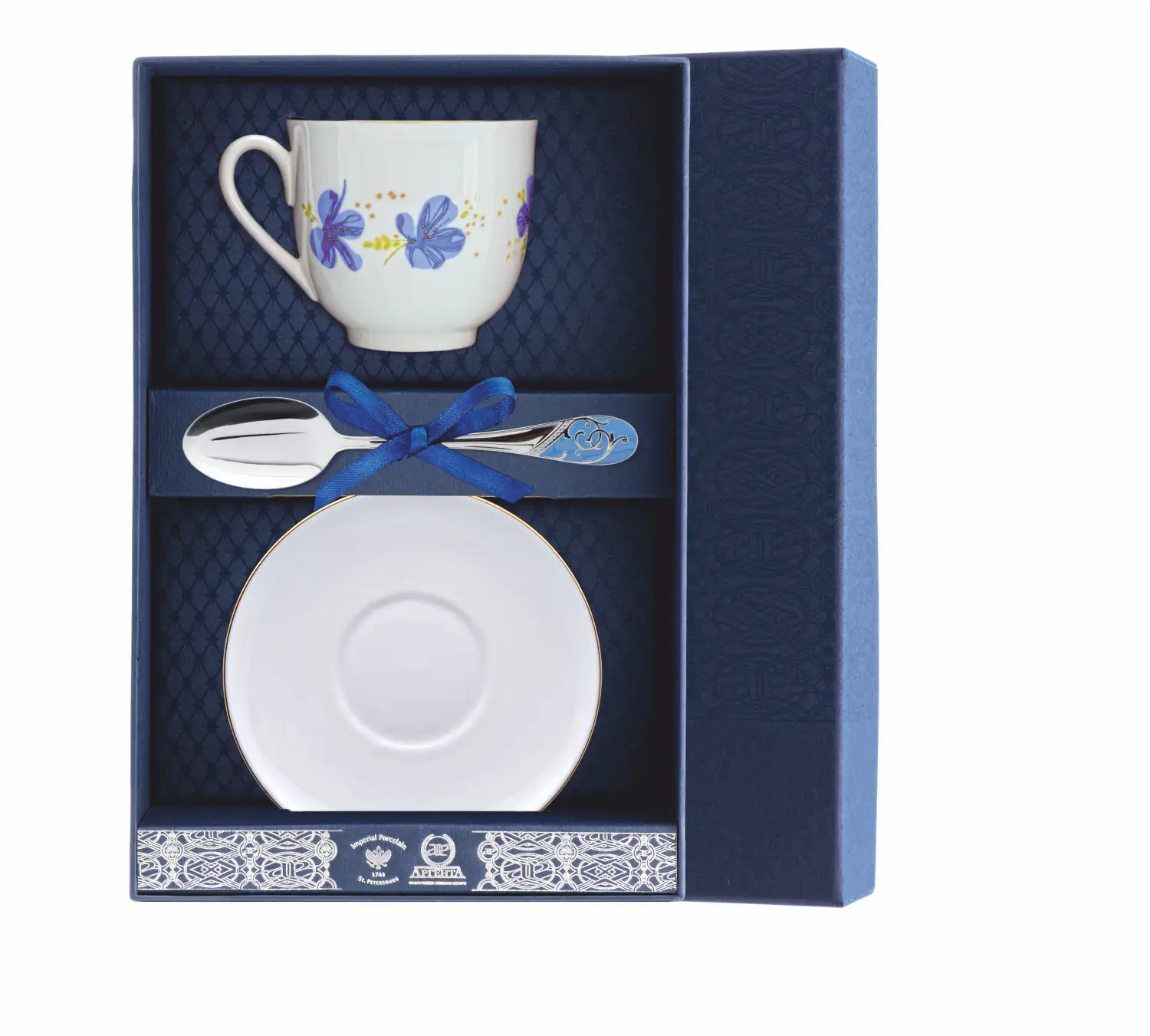 цена Набор чайный Ландыш - Голубые цветы: блюдце, ложка, чашка (Серебро 925)