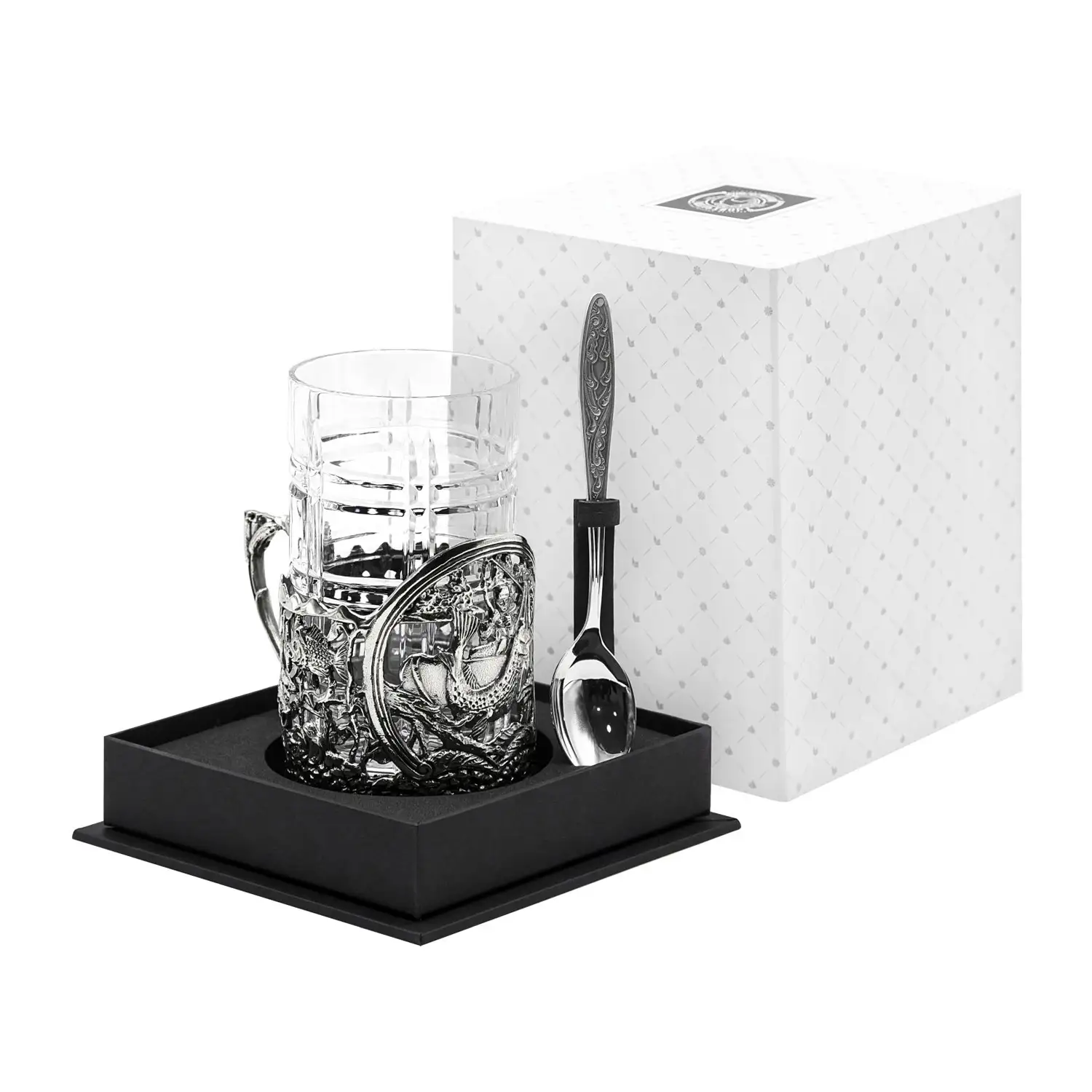 Набор для чая Рыбацкий: ложка, стакан, подстаканник посеребренный с чернением набор для чая ажур ложка стакан подстаканник посеребренный с чернением