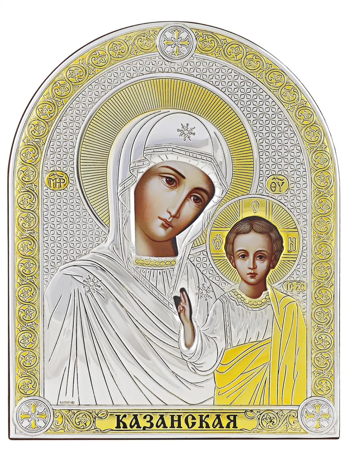 Икона Казанская Божья Матерь с поз. на дереве (18,2*22,9)