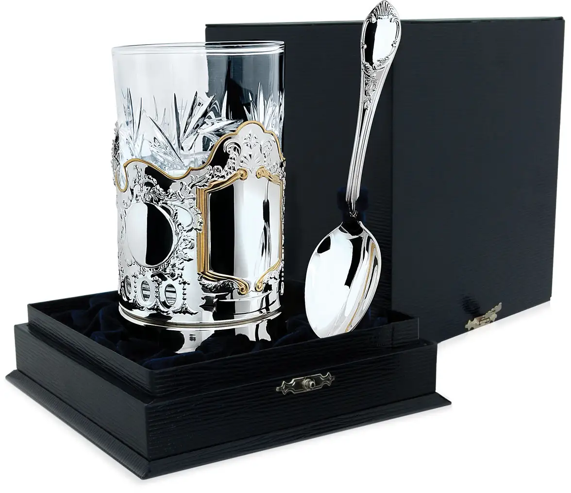 Набор для чая Меценат: ложка, стакан, подстаканник с позолотой (Серебро 925)