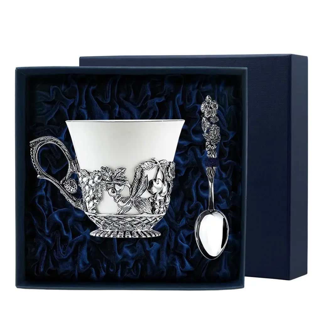 Набор чайная чашка Натюрморт: ложка, чашка (Серебро 925) набор чайная чашка император ложка чашка серебро 925