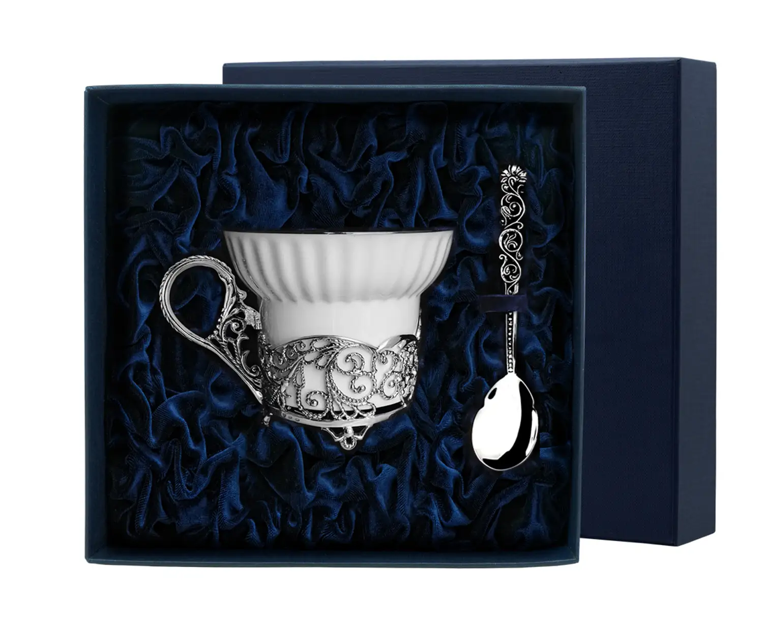 Набор чайная чашка Кружевные узоры: ложка, чашка (Серебро 925)